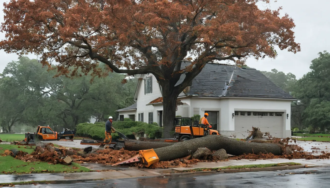 A tree service crew clearing a fallen tree from a home's roof after a storm in Boca Raton