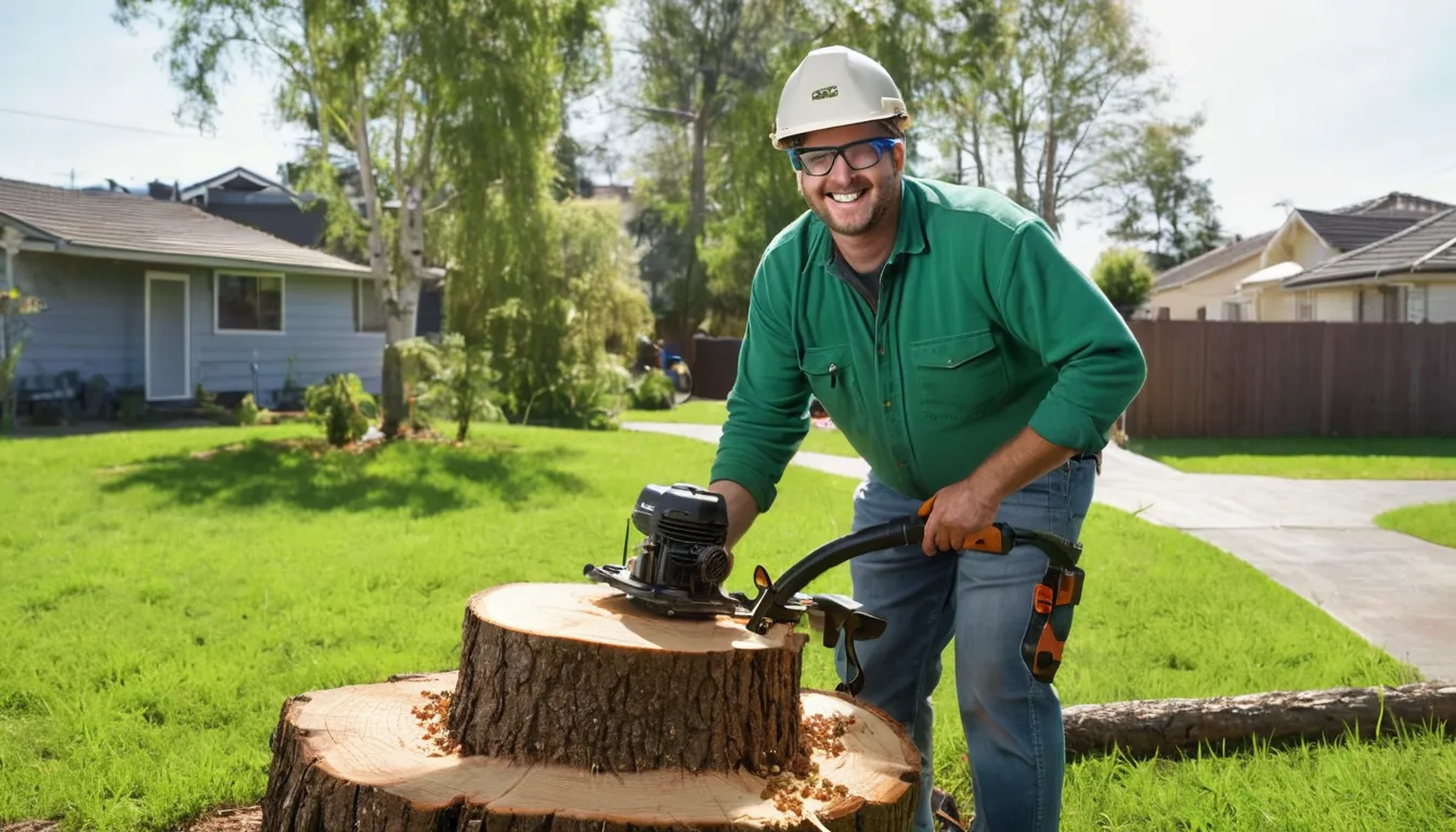 Stump grinder cutting down a tree stump in a residential yard in Boca Raton